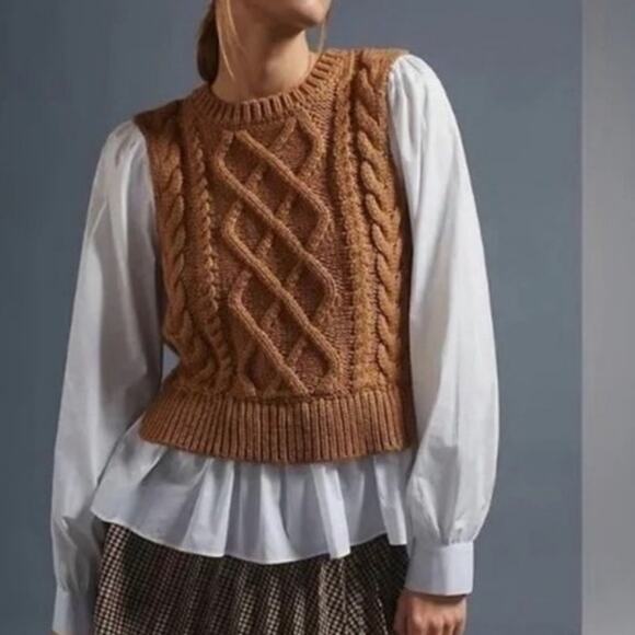 Anthropologie Tops - Anthropologie Women's Cable Knit Sweater Vest And Cotton Blouse Size M